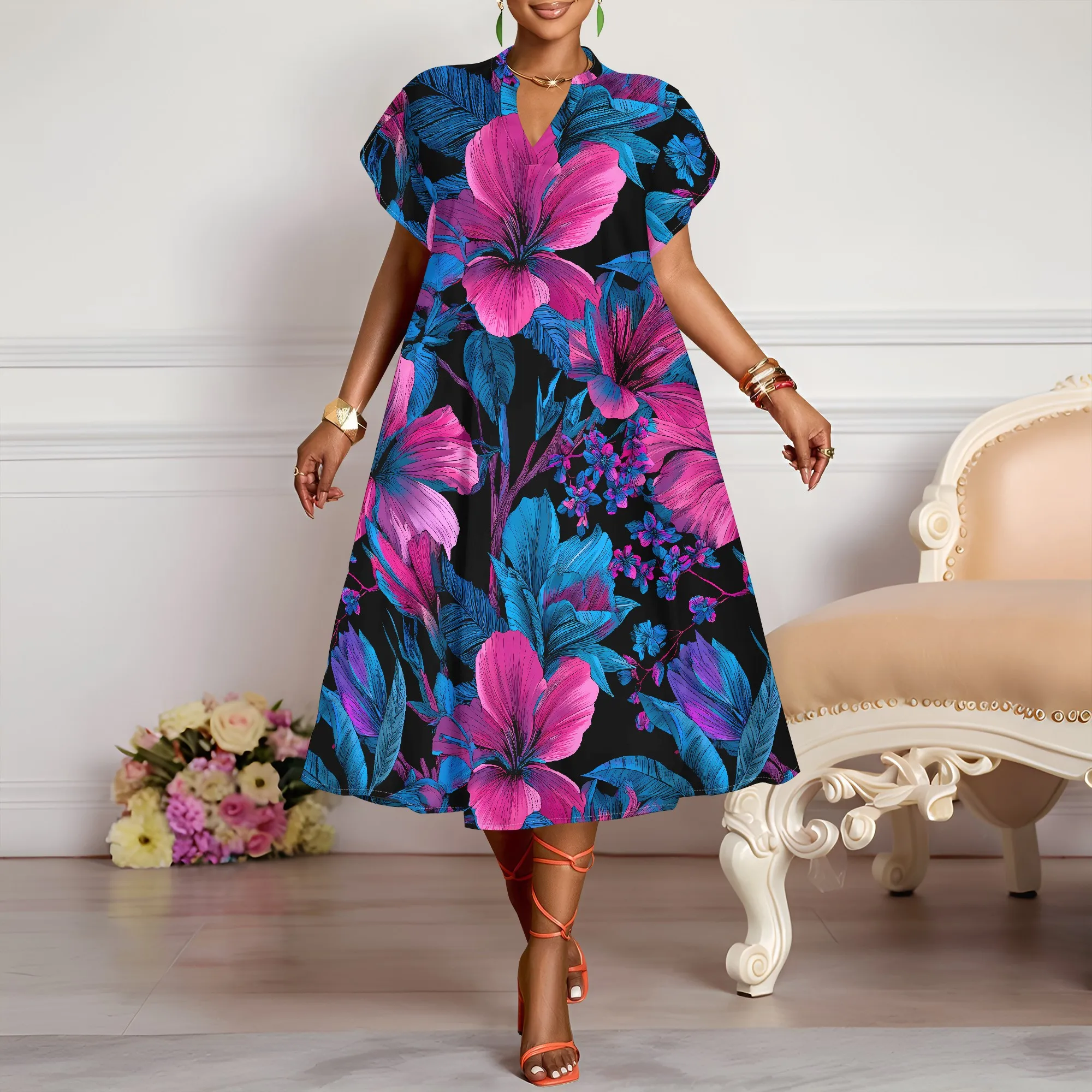 Floral V-Neck Dress, Tropical Print Maxi Dress, Pink Hibiscus Pattern, Summer Beach Wear for Women, XS-3XL