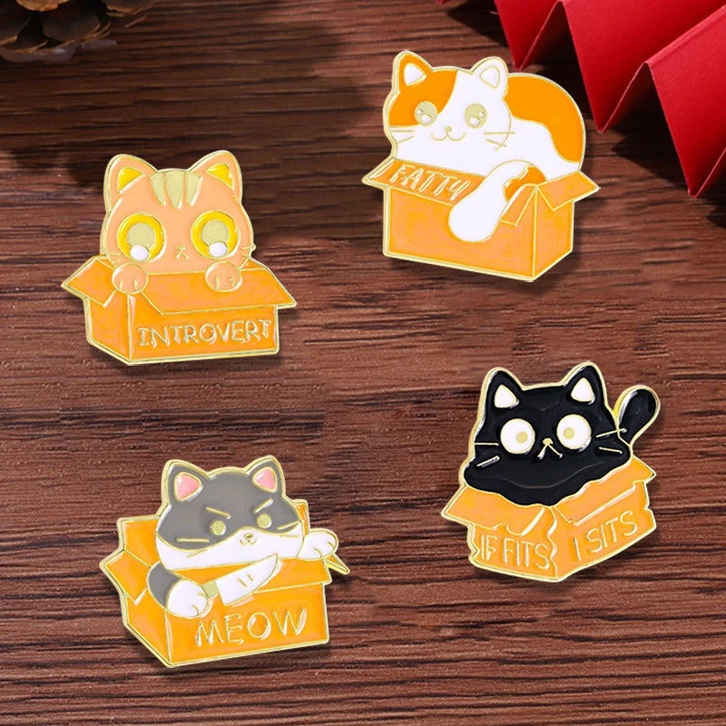 New Creative Cartoon Funny Box Cat Brooch Badge Metal Pin DIY for Clothes Bags Shoes Hat Scarf T-shirt Jeans Decoration