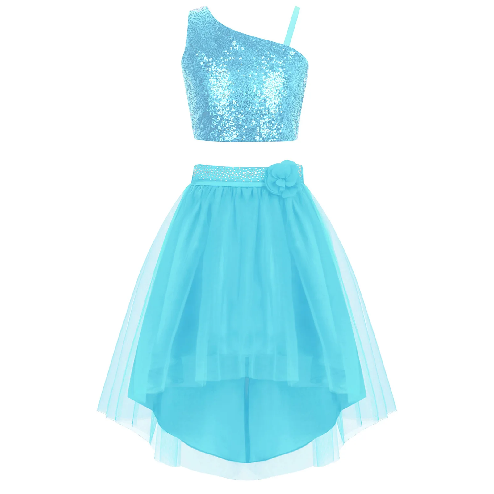 Vestito da balletto per ragazze Top con paillettes scintillanti + Gonna in tulle Tutu per bambini Abiti da pattinaggio di figura Set di costumi per spettacoli