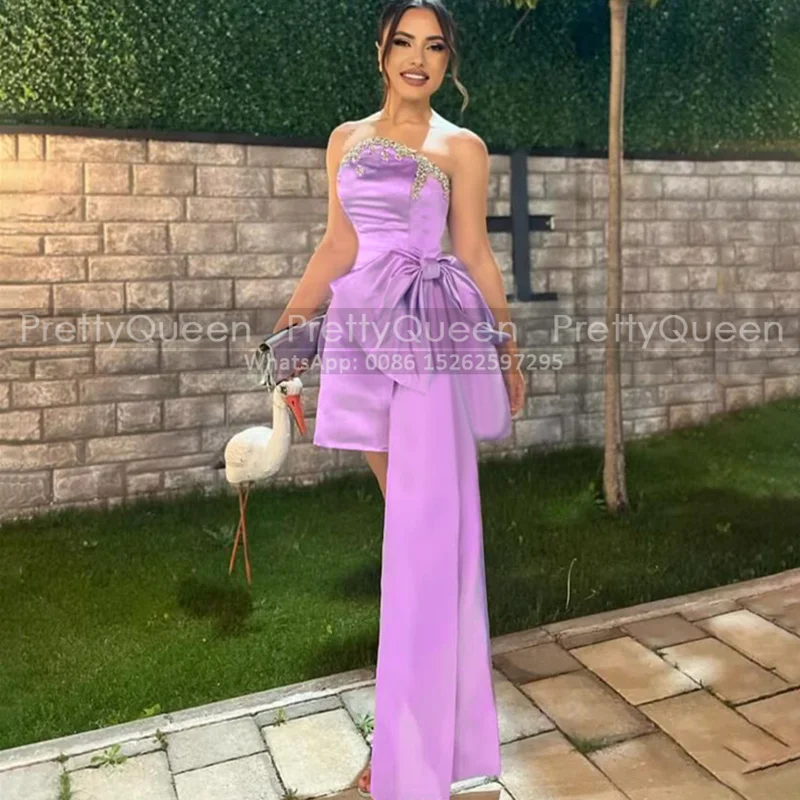 

Short Sheath Prom Dresses With Appliques Strapless Bow Waistline Cap Customized Mini Cocktail Dress Party