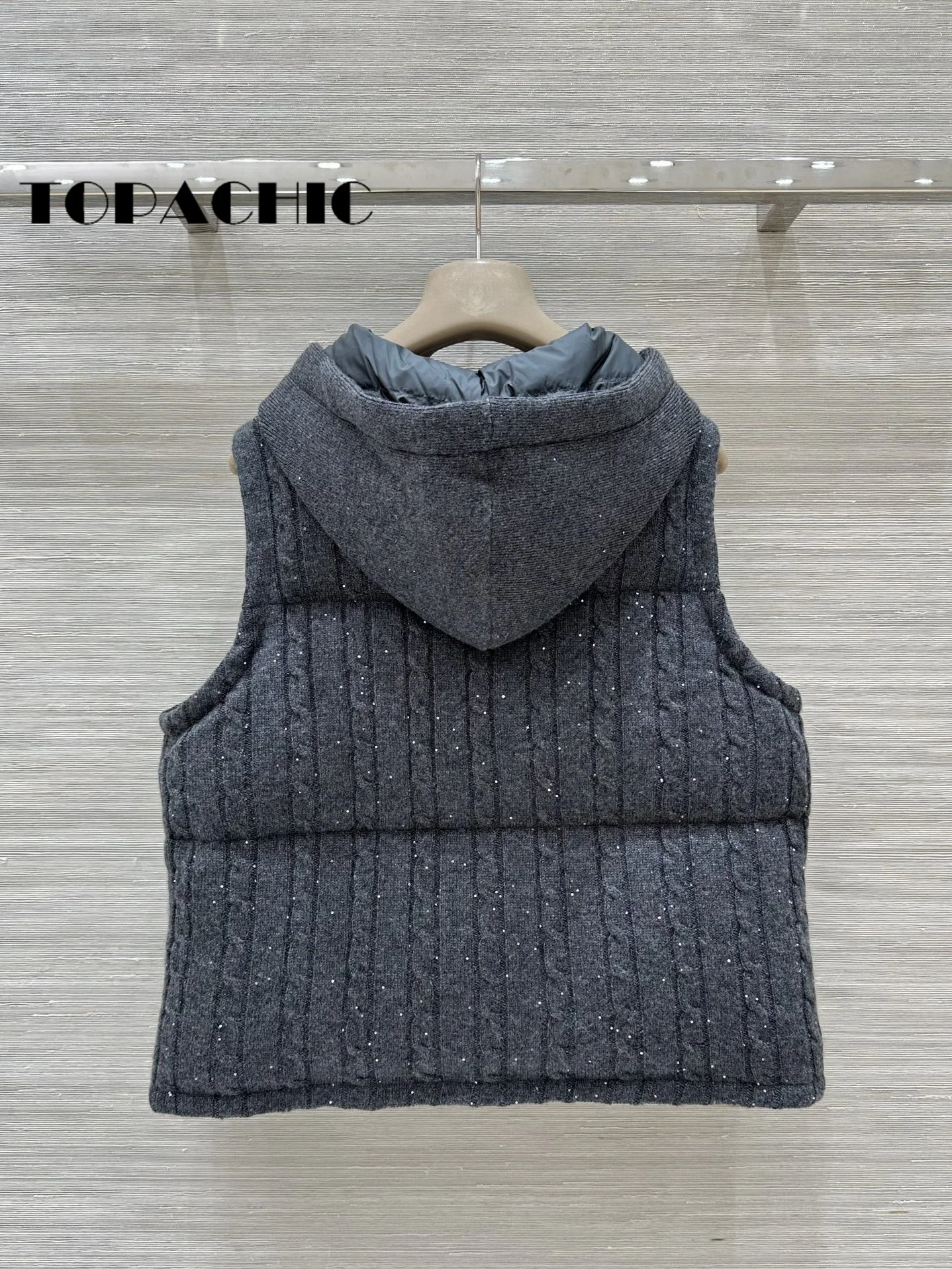 8.23 TOPACHIC-Women\'s 100% Cashmere Knit Twist Hooded Goose Down Keep-warm Vest Beading Chain Lace-up Bling Sequins Vest Coat