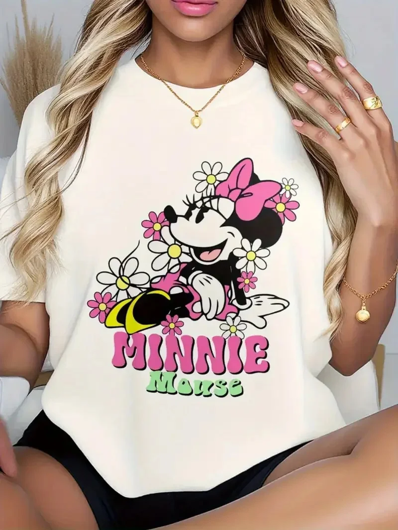 

2025 Disney Pattern Printed Women's Casual Comfortable Unique Smiling Face Black Round Neck Short Sleeve T-shirt