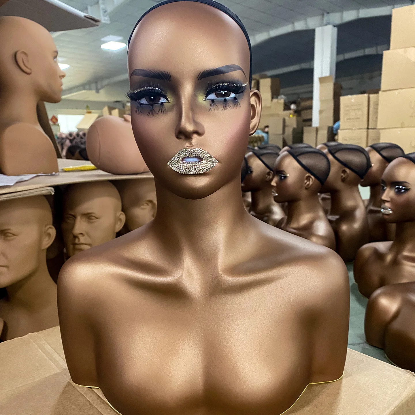 Black Female Mannequin Head with Shoulders, African Half Body Wig Bust Manikin, Model with Bling Rhinestone Lips for Wig Display view 4