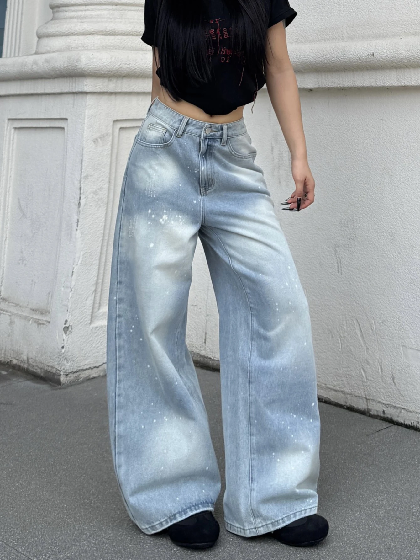 European And American Wide Leg Jeans, Extended Floor Length, Gradient Washed, Splashed Ink White Spot, Loose Hanging Denim Pants