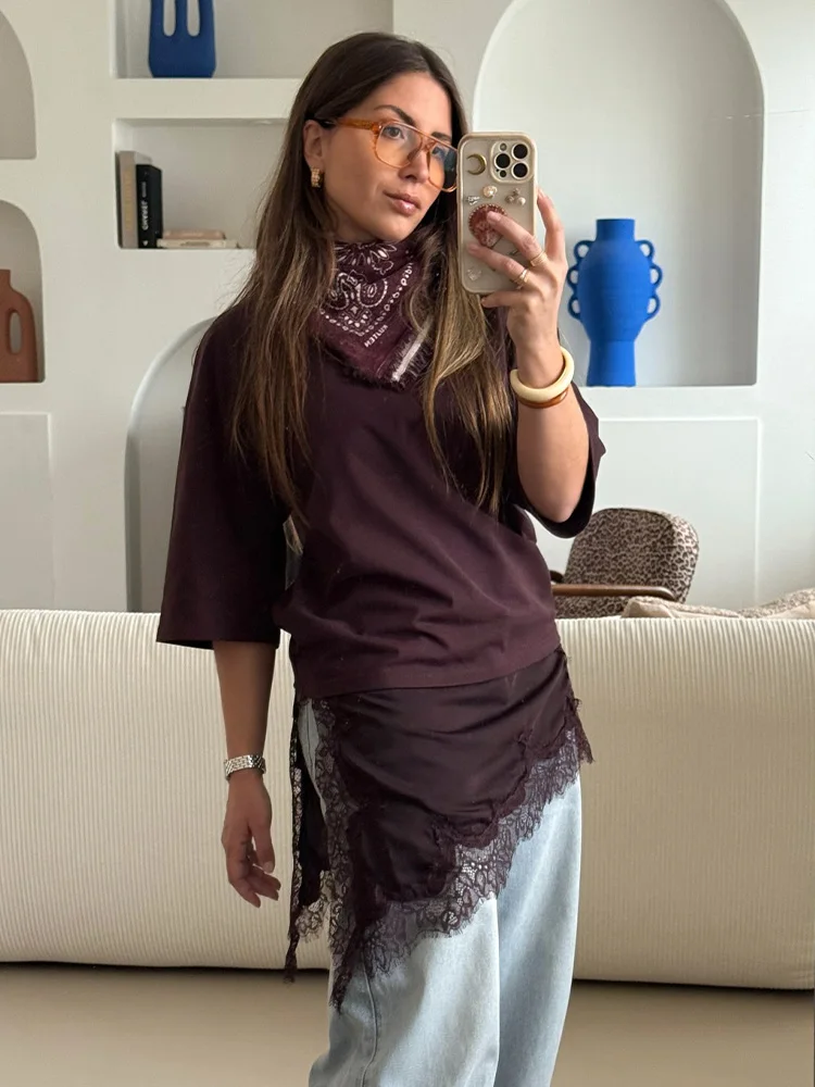 

HH весенняя женская элегантная футболка с круглым воротником и короткими рукавами, кружевное украшение, асимметричная футболка, женские шикарные двухцветные однотонные топы