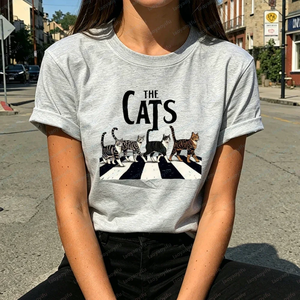 The Cats Abbey Road Crosswalk Grafik-T-Shirt für Damen, Retro Tabby-Katzen Beatles Parodie-Print, Katzenliebhaber Casual Kurzarm-Shirt – Detail 7