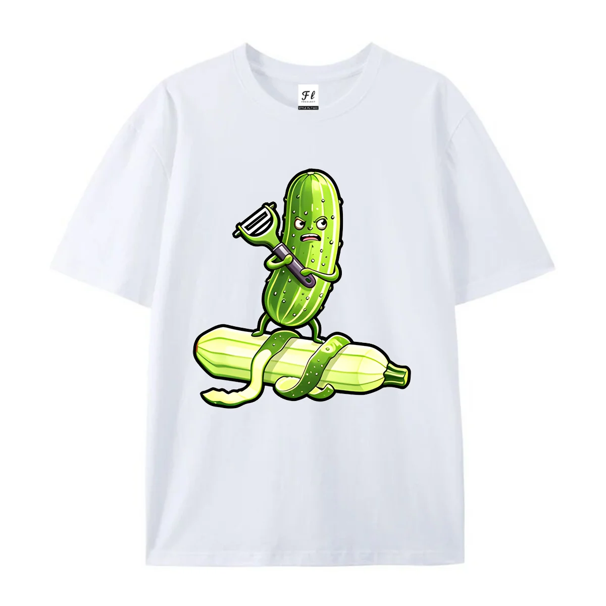 Unisex Short Sleeve T Shirt Funny Cartoon Cucumber Zucchini Peeling Print Casual Cotton Tees For Men Women Humor Vegetable Theme