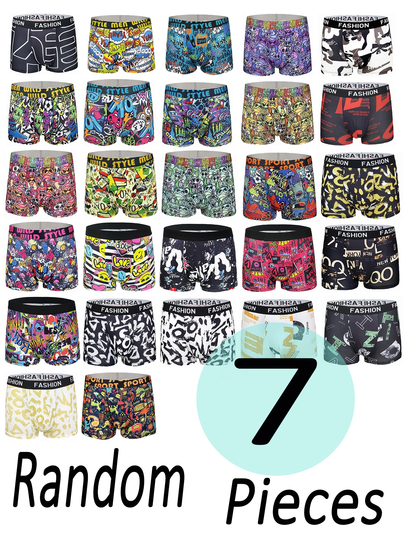 Men's 7-Pack Polyester Boxer Briefs - Random Graffiti & Pop Art Pattern Assortment Waistband Underwear Set