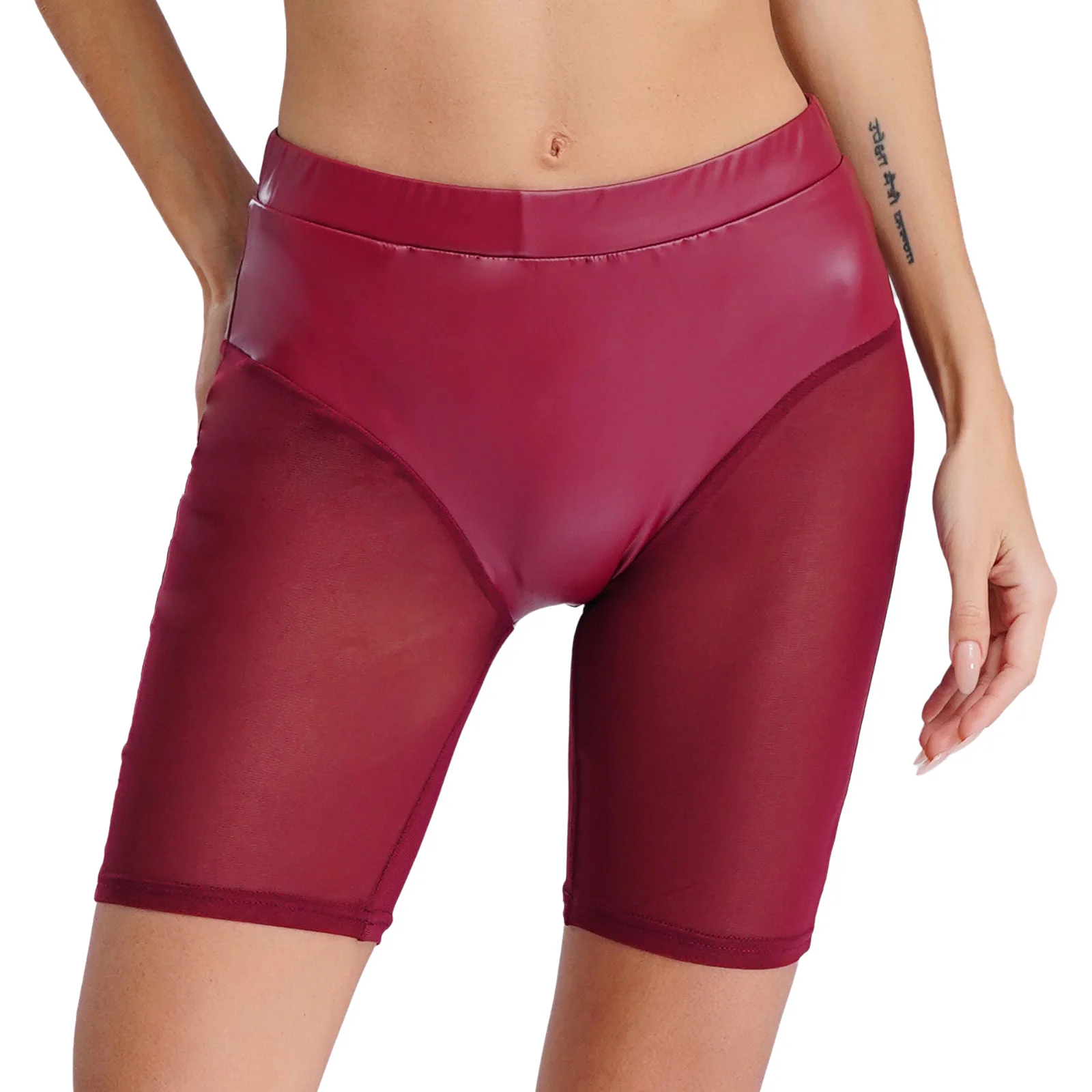 Damen-Shorts mit Mesh-Nähten, formendem Po-Lifter, dünne Kontrolle, Kompressionsshorts aus Kunstleder und gespleißtem Mesh mit hoher Taille