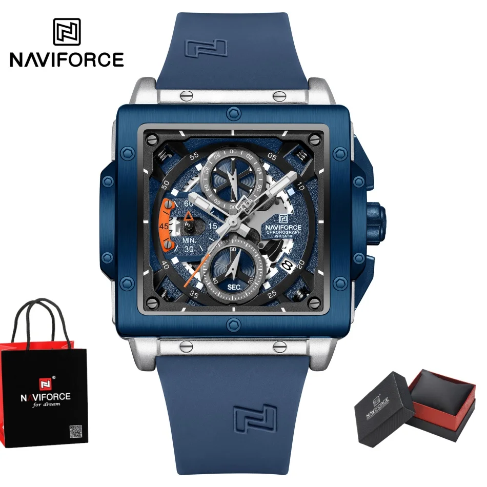 NAVIFORCE новые часы мужские спортивные многофункциональные хронограф водостойкие роскошные наручные часы уникальные квадратные кварцевые часы с дисплеем даты