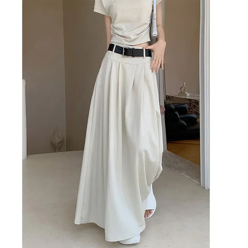 Temperament High Waist White Half Skirt Women's Summer Long Skirt Streetwear Slim Casual All-match Pleated A-line Skirt Set