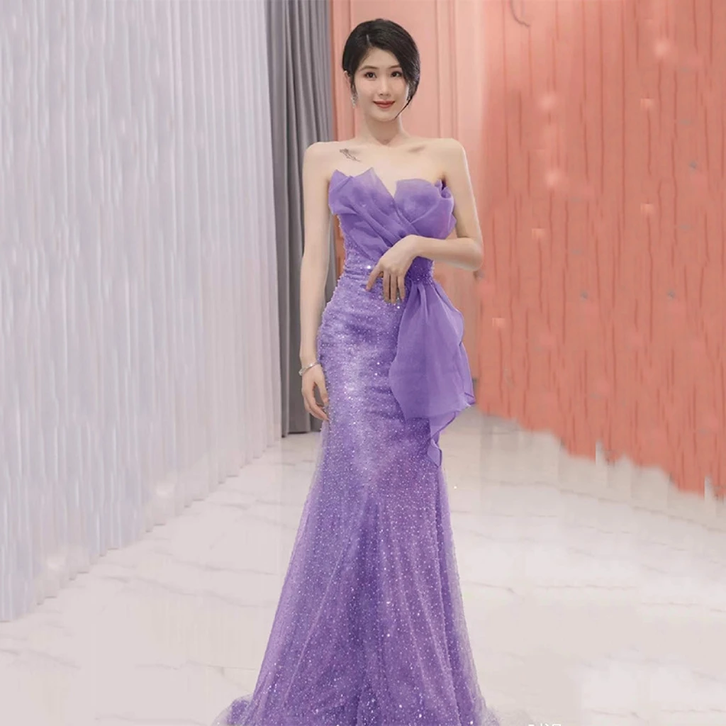 Haze Blue Evening Dresses Strapless Pleated Tulle Mermaid Sequins Bead Gray Purple Graduation Host Party Celebrity Gowns 2024