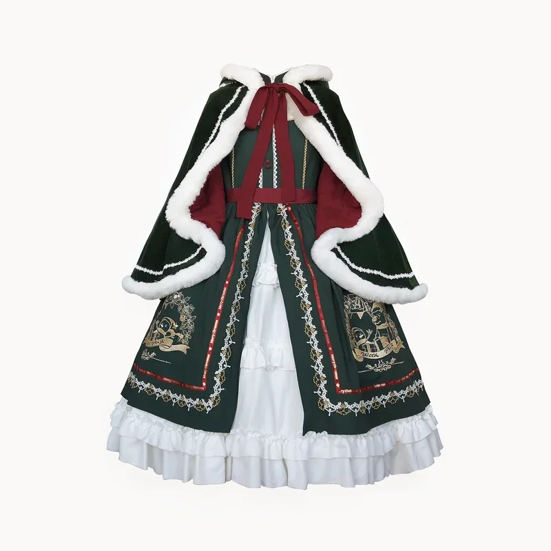 FC6Autumn/Winter Lolita OP Sweet Fake Two-piece Set With Bow Lace Elk Snowmen Embroidery Christmas Eve Kawaii Dress Fluffy @FC8！