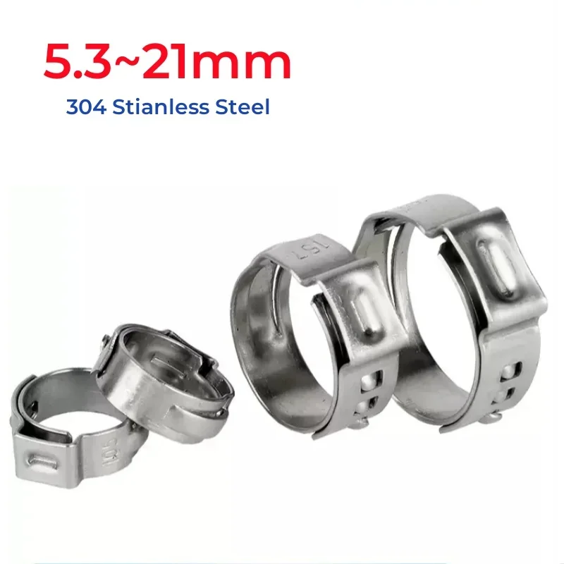 5.3~21mm All Sizes 304 Stainless Steel Single Ear Stepless Hose Clamps Hose Clip Clamps Cinch Clamp Rings