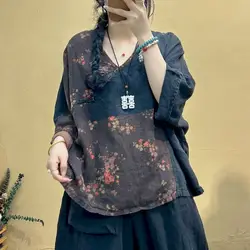 Cotton Linen T Shirts Women Fashion Printed Contrasting Lace Up Shirt Artistic Irregular Vintage Oversized Tops Summer Trend Top