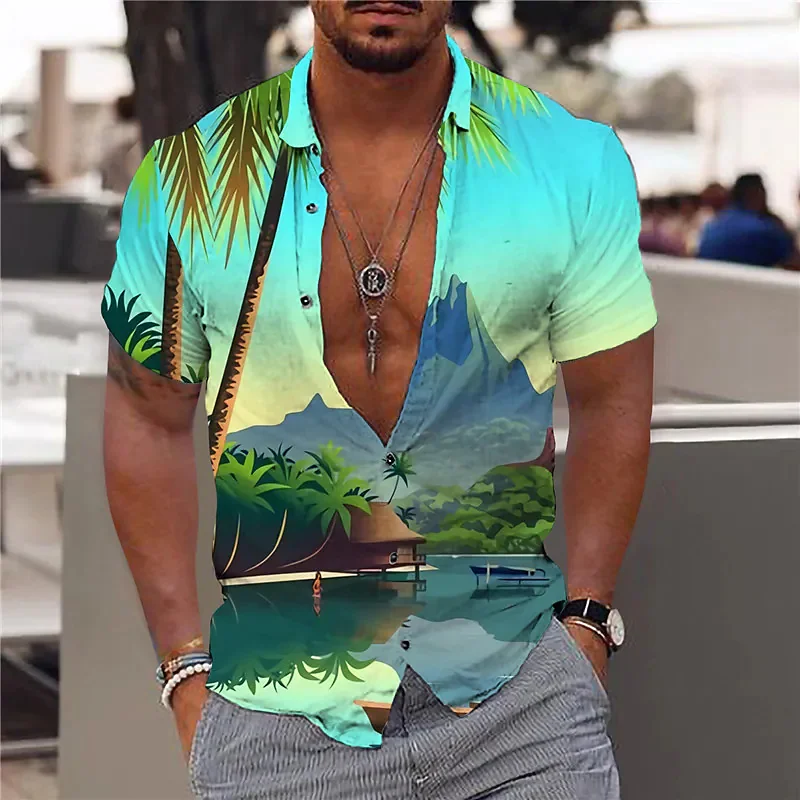 2024 Cotton Summer Shirts Men's Hawaiian Shirt Casual Fashion Street Short Sleeves Coconut Tree Beach Vacation Party