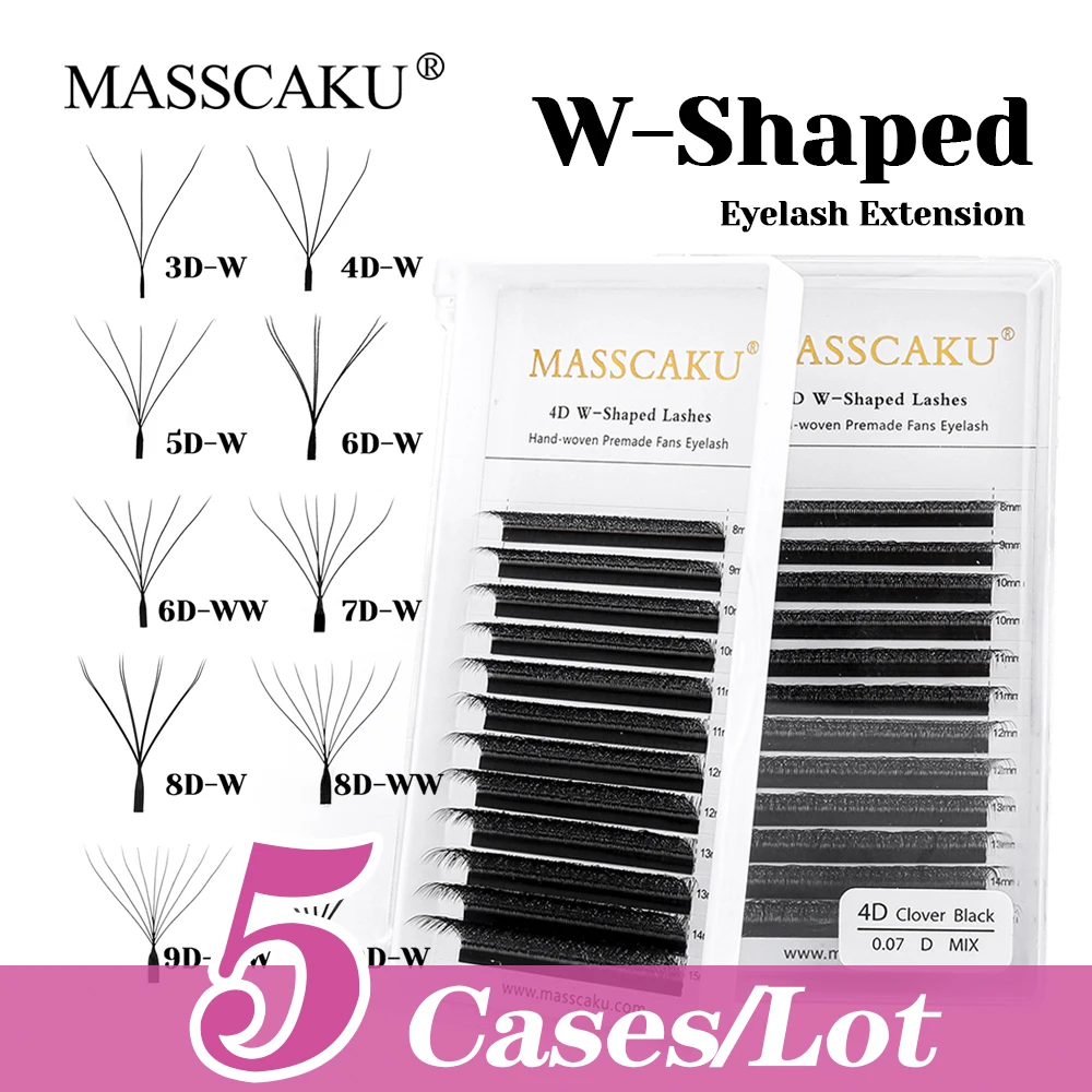 

High Quality MASSCAKU 5cases/lot Hand-woven W Shaped Premade Fans Lashes Korea PBT Fiber W Style Makeup Eyelash Easy to Operate