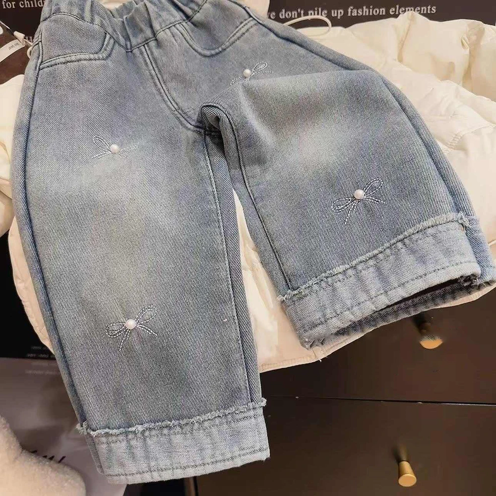 Girls Pearl Bow Denim Pants 2025 Spring Autumn Elastic Waist Straight Wide Leg Pants Korean Style Kids Jeans Children Clothes