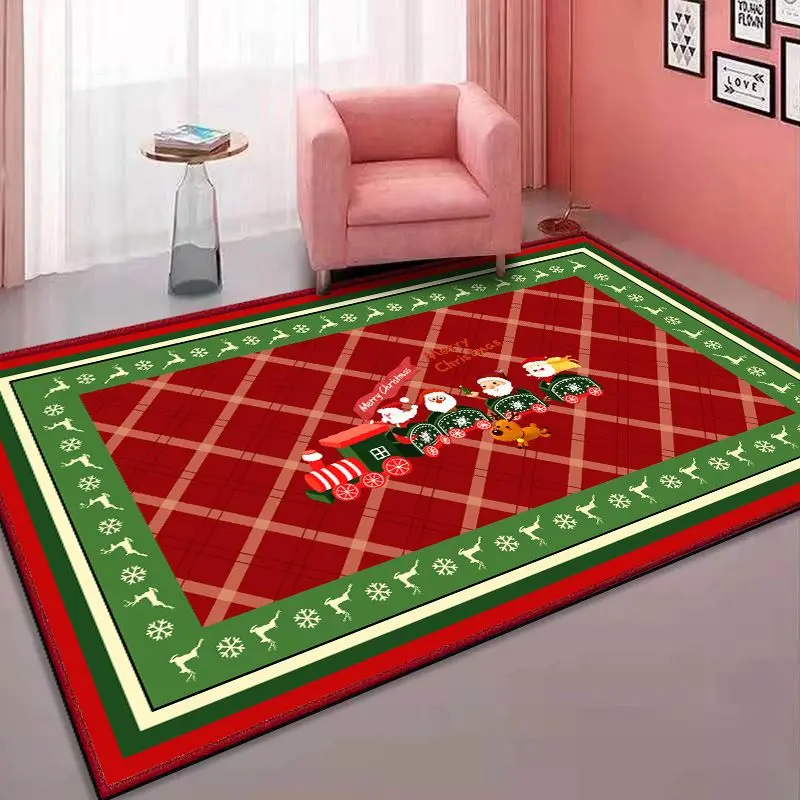 VIKAMA Red Buffalo Plaid Santa Train Rug for Living Room Bedroom, Non Slip Washable Kids Xmas Area Rug Home Decor