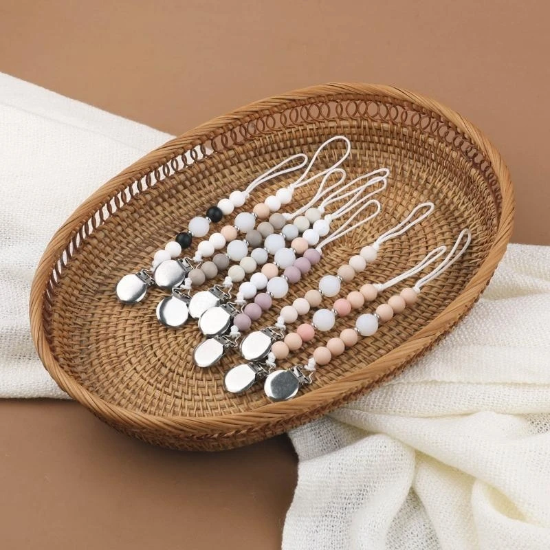 

J15U Baby Pacifier Chain Holders Anti Drop Dummy Chain Silicone Beads Teething Clips Baby Teether Toy Soother Pacifier Strap