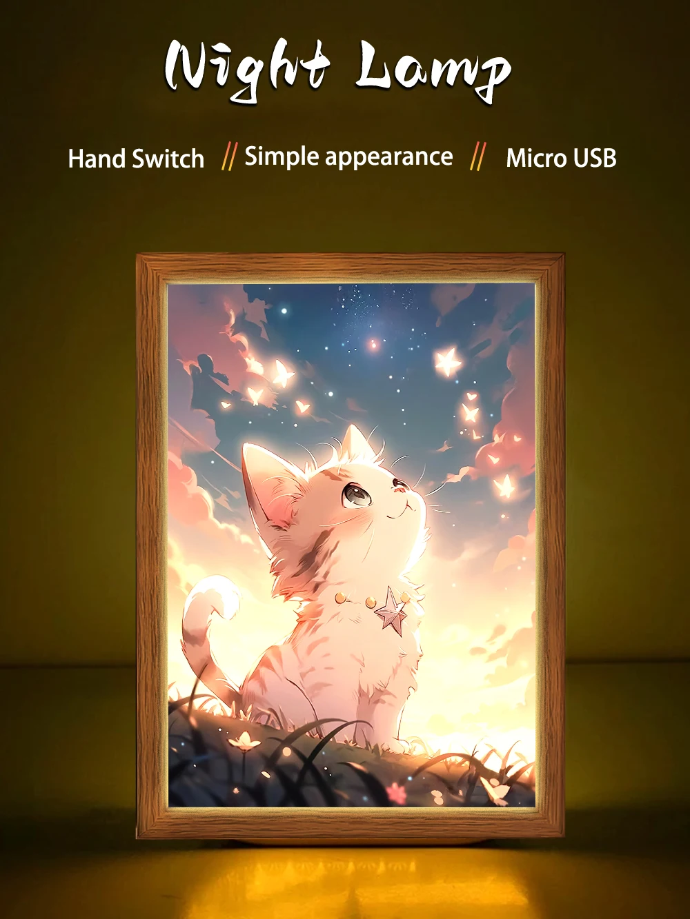 Cute Cat Starry Night Light Painting Picture Frame Led Lights Usb Plug Dimmable Table Lamp For  Kids' Bedroom Home Decor