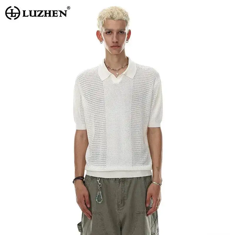 LUZHEN 2026 Summer Fashion Mesh Hollow Elastic Short Sleeve T-shirts Men's Handsome Solid Color Polo Neck Casual Pullover JY7930