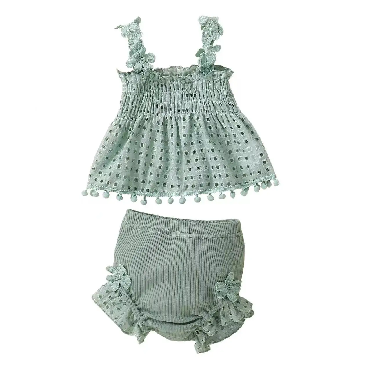 2PCS Baby Girl Summer Flower Sling Harness Set Triangle Crawling Suit Machine Washable