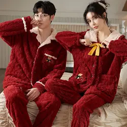 Pyjamas Wedding Couples Set New Velvet and Thick Coral Velvet Red Autumn and Winter Home Wear Comfortable To Wear Couple Pajamas