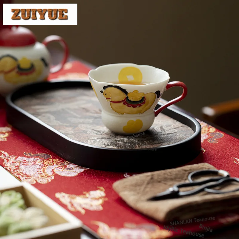 80ml Hand Painted Horse Get Wealth Teacup Vintage Tea Bowl Cute Cup Tea-tasting Personal Cup Chazhan Master Cups Teaware Craft