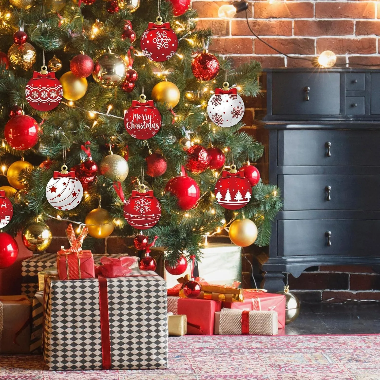 12-teiliges Set mit zufälligen Stil, kreative Weihnachtskugeln, Holzornamenten-Set, Weihnachtsbaumdekoration, Zuhause, Party, Dekoration, Zubehör, Dekorationen