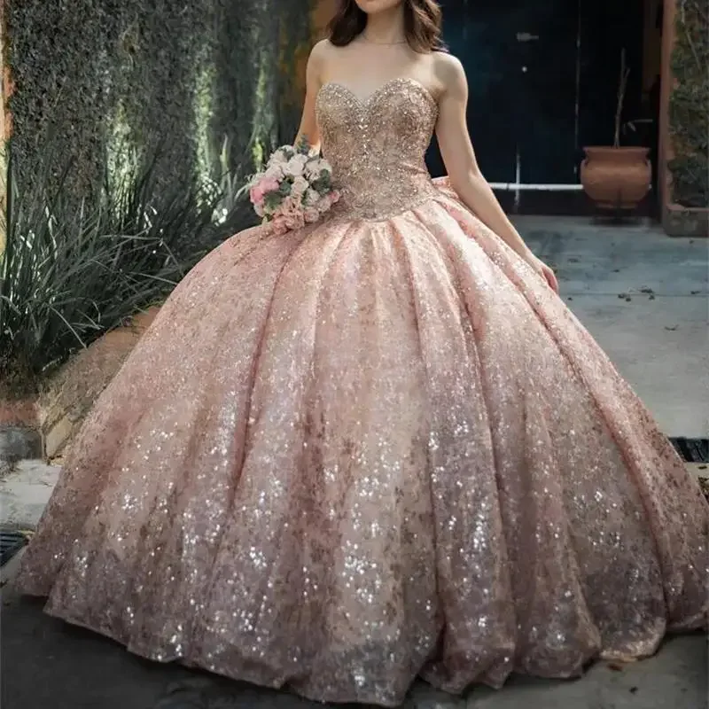 

Кружевное бальное платье розового золота Quinceanera Dresses 2024 с бантом из бисера и кристаллами с открытыми плечами Sweet 16 Dress Vestidos De 15 Años