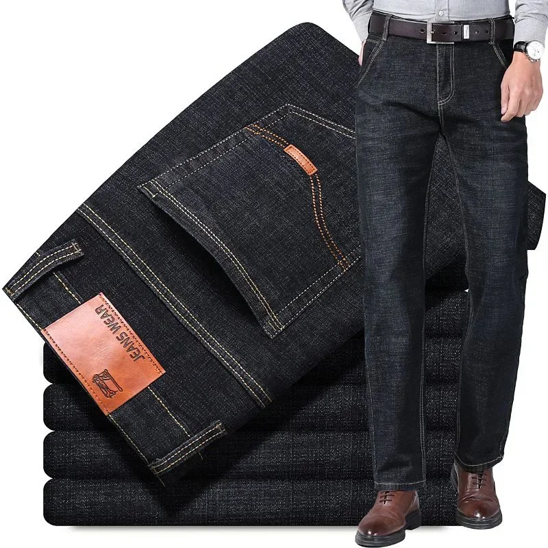 Men Stretch Straight Leg Commute Jeans 2024 Slim Fit Fashion Office Denim Trousers High Quality Black Blue Thin Denim Pants Male