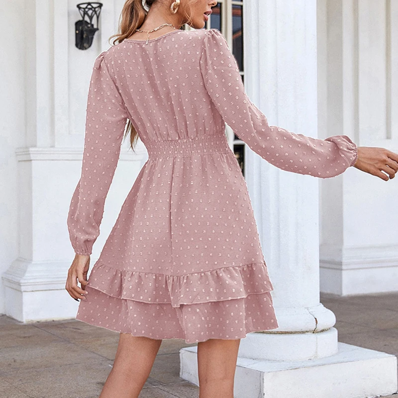 Women's Spring And Autumn Pink A Line Chiffon Fashion Dresses V Neck Waist Ruffle Woman Hedging Lantern Long Sleeve Dresses 2023