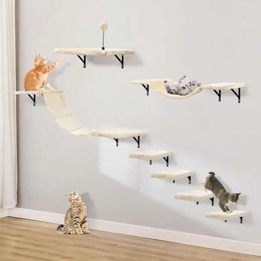

Wall-Mounted Cat Climber Set with Climbing Shelves, Perches, Bridge,Hammock,Scratching Board & Ball - 7 Pcs Wood Indoor Cat Furn