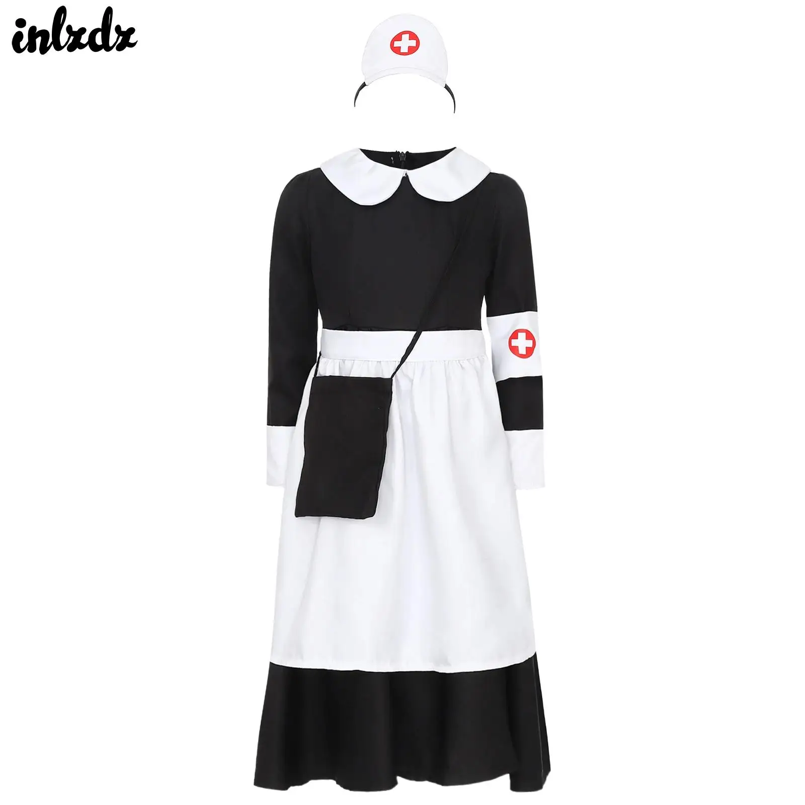 

Карнавальный карнавальный костюм на Хэллоуин для девочек, платье с рюшами на молнии сзади и головной убор с принтом, повязка на руку и фартук