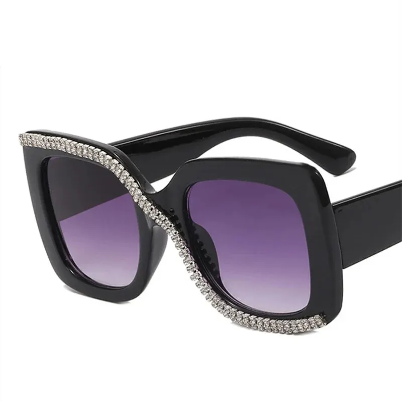 Retro Übergroße Vollgläser-Sonnenbrille mit Lesebrille für Damen, Polarisierte Diamant-Sonnenbrille, Strass-Quadratische Lesebrille