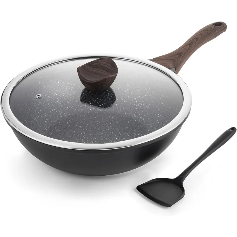 Nonstick Wok with Lid, 12 Inch Woks & Stir-fry Pans, Granite Stone Coating for Cooking, Induction Cookware, Compatible