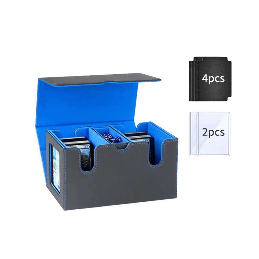 Magnetic PU Dual Compartment Vertical Card Box Double Window Portable TCG CCG PTCG Storage Case with 4 Dividers & 2 Hard Sleeves