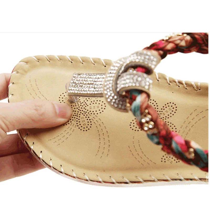 YAERNI Flat shoes Women new summer national wind sandals Bohemian diamond big size shoes beach shoes Flip-Flops BT538