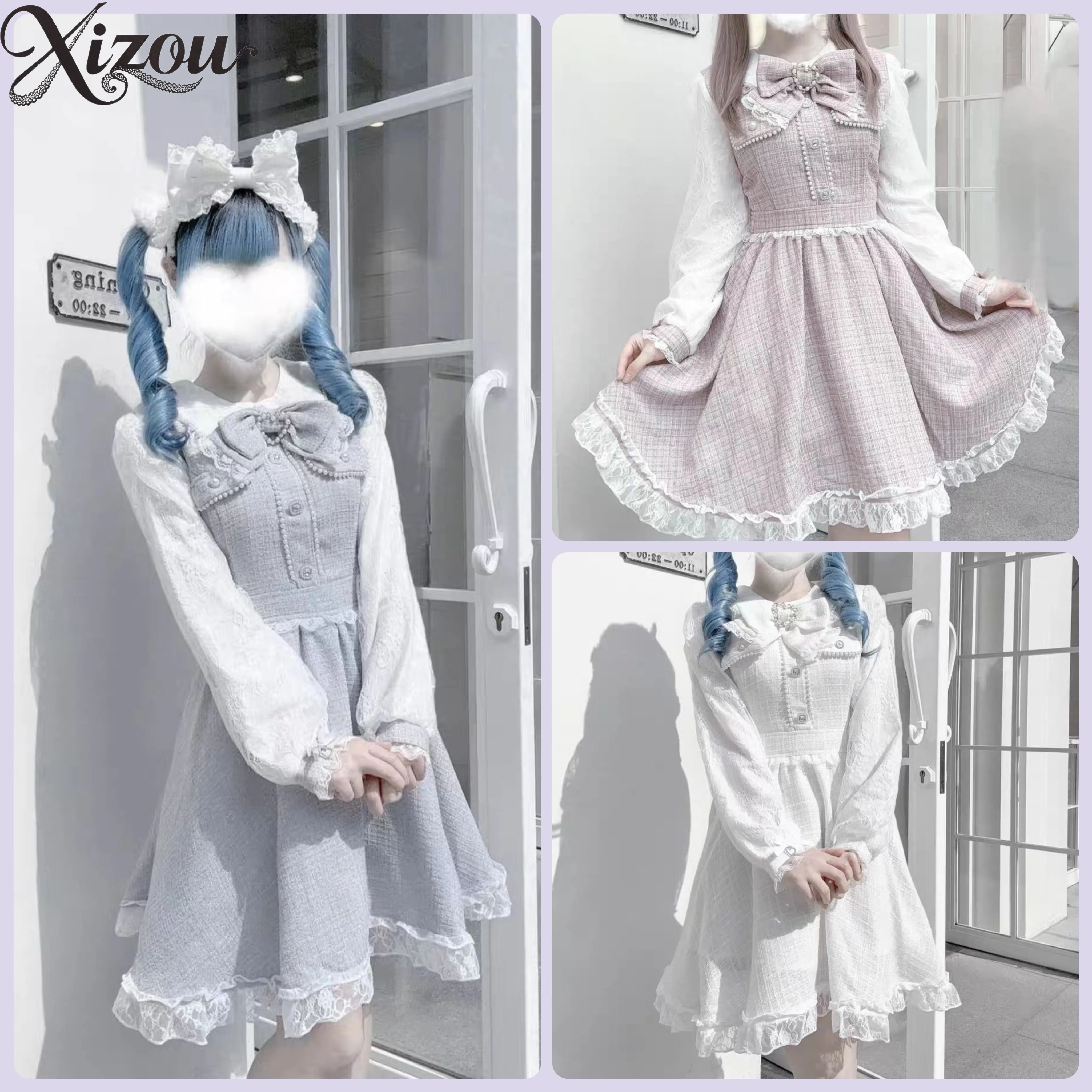 

Платье Лолита для девочек 2026: Японский стиль, Y2K, с жемчугом, стразами, бантом, темно-синим воротником, кружевом, завышенной талией, длинными рукавами. Весна-Осень.