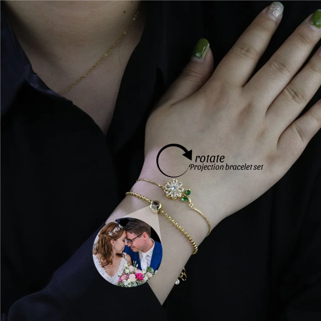 

2PCS/Set Customized Projection Photo Bracelet with Spinner Rotate Sunflower Bracelet Gold Jewelry Bracelet Set for Women 2025