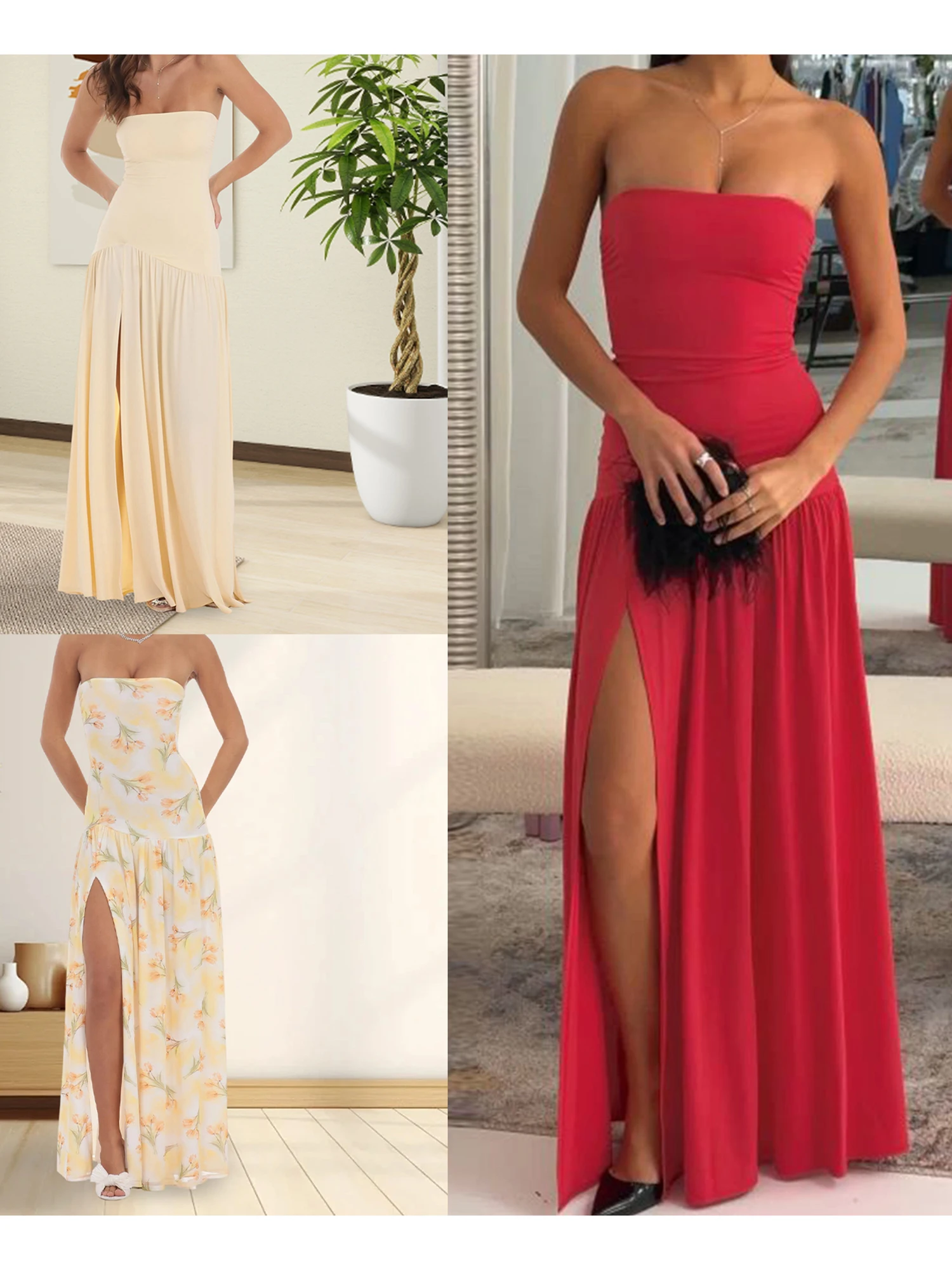 Elegante off-shoulder maxi-jurk met bloemenprint, hoge zijsplit en mouwloos ontwerp voor avondfeest of clubkleding