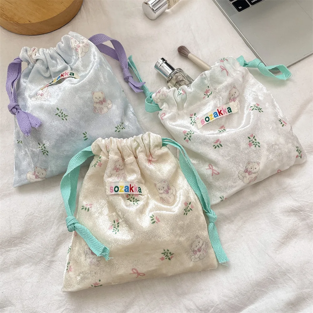 Cute Corduroy Coin Key Earphone Data Cable Drawstring Storage Bag Girl Jewelry Lipstick Mini Cosmetic Tote Rope Pouch String Bag