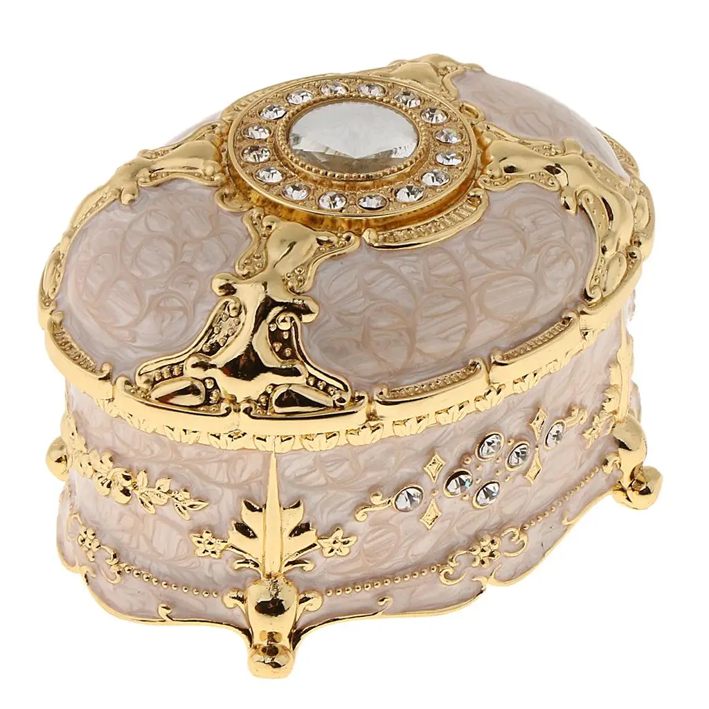 Oval Metal Vintage Jewelry Box Gift Earrings Storage Box , Gold White