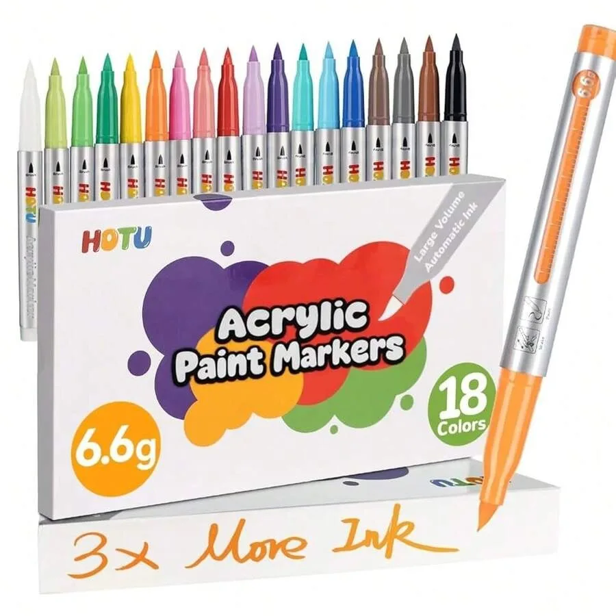 

Acrylic Paint Markers Brush Tip 18 Colors, 300% More Ink Marker 6.6g, Visible-Ink Window, Free Flow, No-Bleed Waterproof Paint