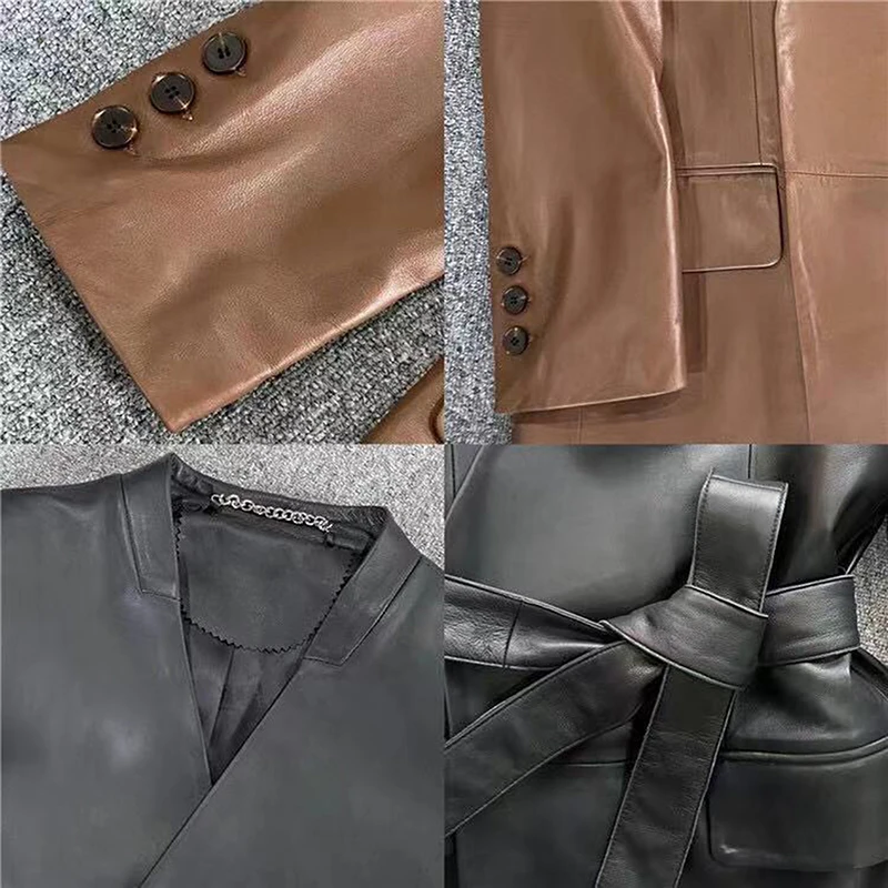 Ropa de cuero genuino para Mujer, chaqueta elegante con cuello en V, cinturón con lazo, combina con todo, para primavera y otoño