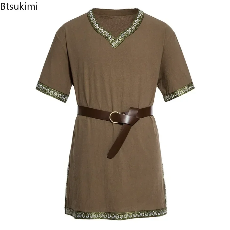 Новинка 2025, мужская винтажная средневековая пиратская туника, рубашки из 100% хлопка с короткими рукавами, карнавальный костюм воина, Норманский кавалер, топ