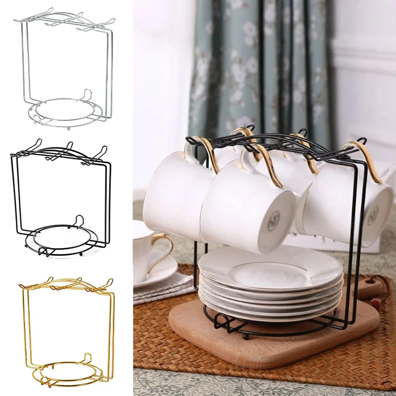 Cup Rack Stand Holder European Style Gold Iron Art Mug Saucer Ceramic Cup Standing Holder Household Counter Bar Kitchen Supply