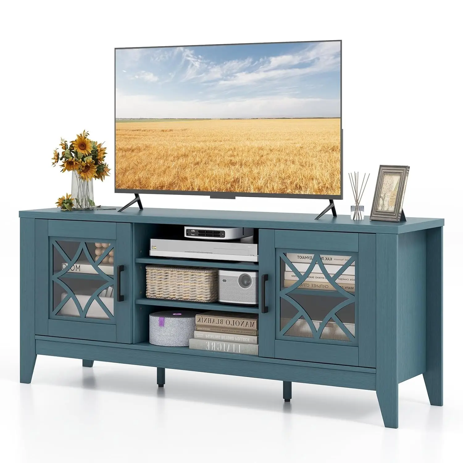 TV Stand Entertainment Center Adjustable Shelves Glass Door Cable Holes Farmhouse Storage Cabinet Living Room, Customized