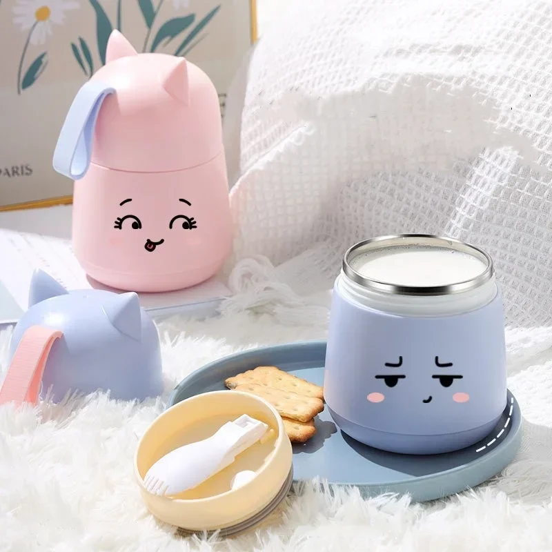 450ml Portable Soup Cup Cute Style Cat Ears Oat Milk Congee Cup with Folding Spoon Girl Student Camping Bento Box Accessories